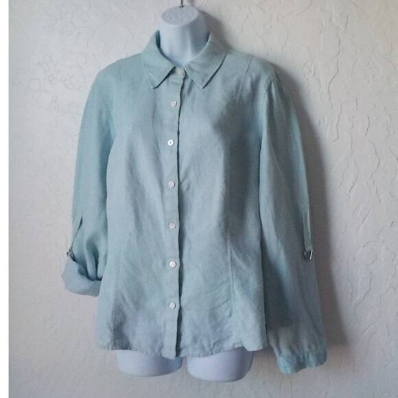 VTG Focus Lifestyle Blue Button Up Shirt Women size 16 100% Linen Long Sleeves - Picture 2 of 15